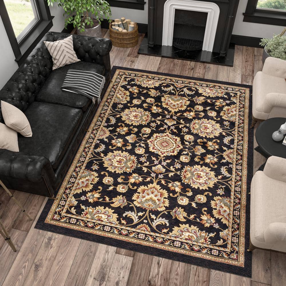 Sensation 5' x 7' Black Synthetic Easy-Care Traditional Area Rug