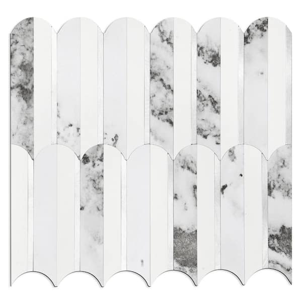 Yipscazo Fish Scale White Marble Mixed Metal Silver 12 in. x 12 in. PVC Peel and Stick Backsplash Wall Tile (10 sq.ft./10-Sheets)