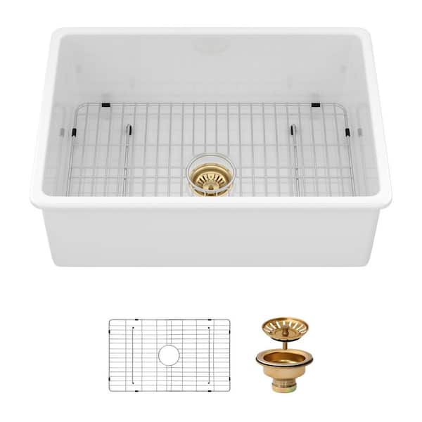 27 in. Undermount Single Bowl Round Corner Kitchen Sink in White Ceramic with Strainer