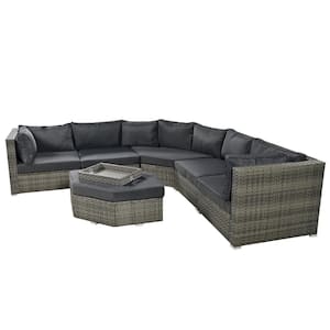 Outdoor 6-Piece Wicker Patio Conversation Set with Gray Cushions, Patio Furniture Set, All Weather Wicker Sectional Sofa