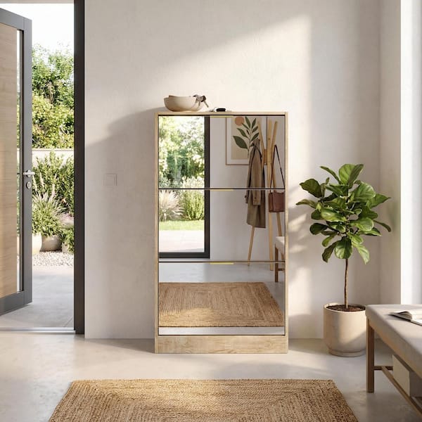 FUFU&GAGA White Wood Shoe Storage Cabinet with 3-Mirrored Drawers