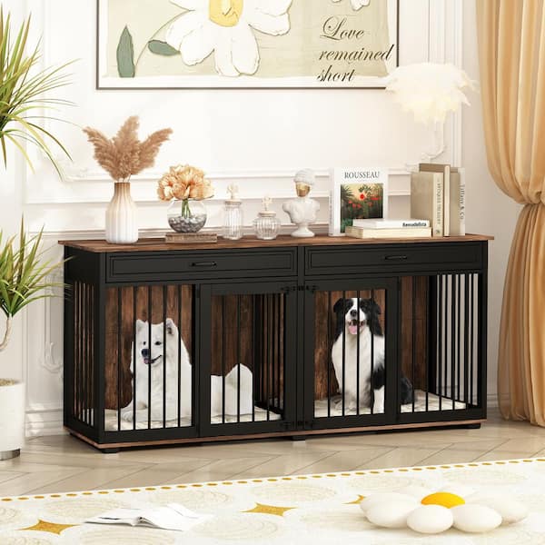 FUFU&GAGA Large Dog Crate Furniture with 2-Drawers, Indoor Wooden Double Dog Cage Kennel for S M L Dogs, Black and Tiger Skin