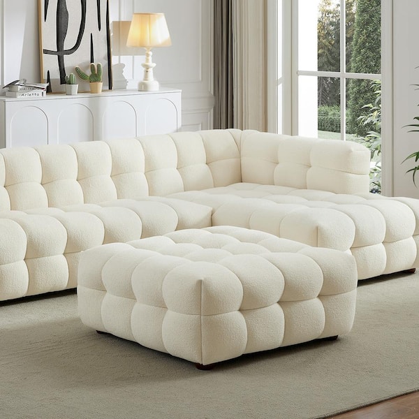 Ashcroft Furniture Co Myrline Mid Century Modern Tufted Cream White Boucle Fabric Square Ottoman