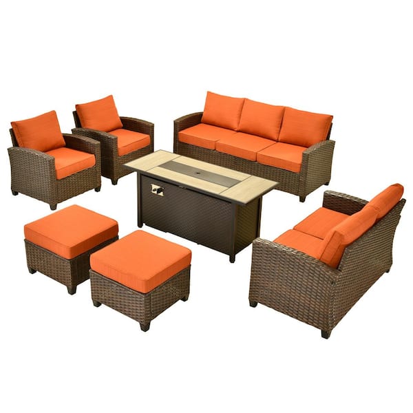 Solidago Brown 7-Piece Wicker Patio Rectangular Fire Pit Set with Orange Red Cushions