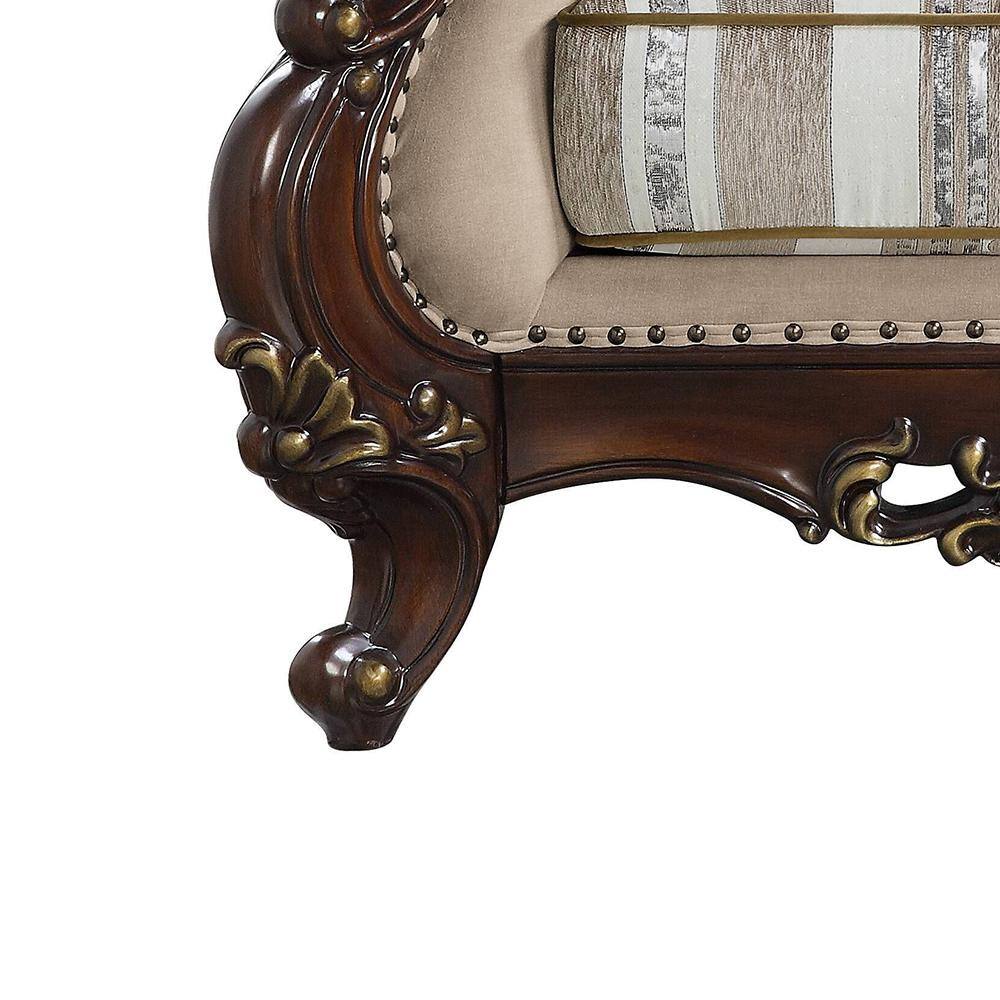 Light Brown Linen and Cherry Wood Floral Accent Chair
