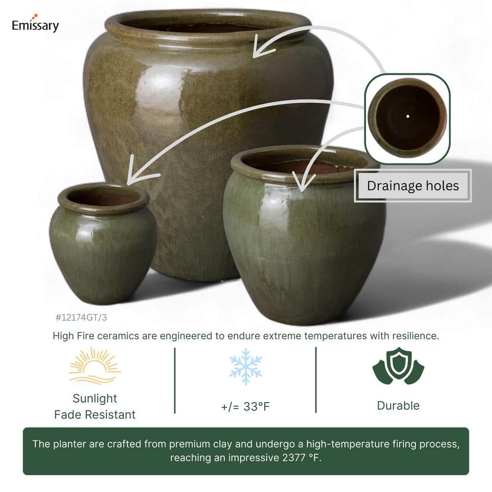 Tea Green Ceramic 13" Round Rimmed Indoor/Outdoor Planter