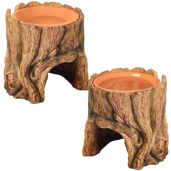 Oyezvary 2-Pieces Resin Reptile Hide Cave with 2-Water Clay Basin, Amphibian Habitat Hideout Decor in Brown