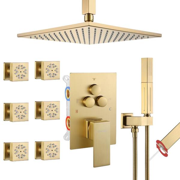 Vanfoxle Single Handle 3-Spray Shower Faucet 1.8 GPM 10 in. Square Ceiling Mount with Pressure Balance in Brushed Gold with 6-Jet