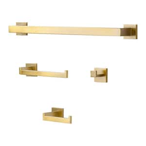 4-Piece Bathroom Hardware Set with Towel Bar, Robe Hook and Toilet Paper Holder in Gold