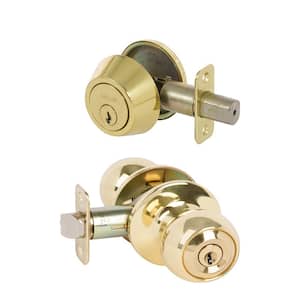Fairfield Classic Style Polished Brass Round Shape Entry Door Knob and Single Cylinder Deadbolt Combo Pack Keyed Alike