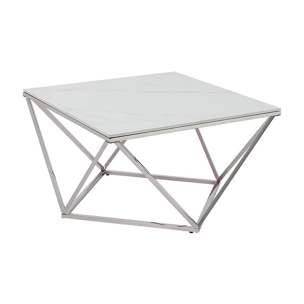 31.5" White and Silver Steel Coffee Table with Stone Top