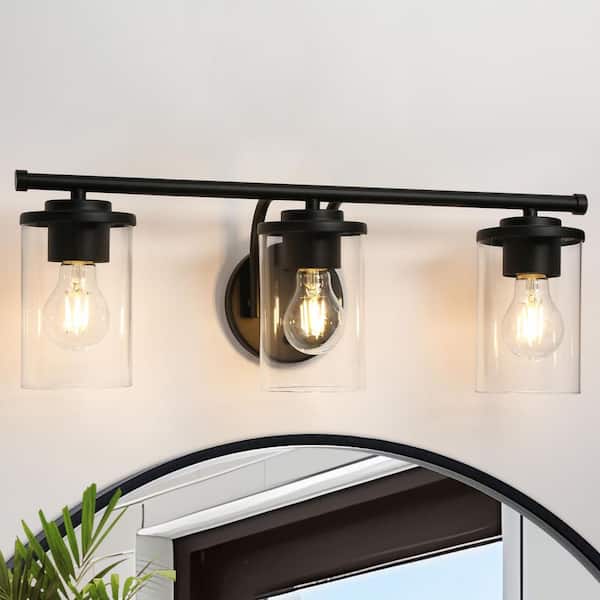 Modern Matte Black Vanity Light 21.75 in. 3-Light Bathroom Powder Room Wall Light with Cylinder Clear Glass Shades