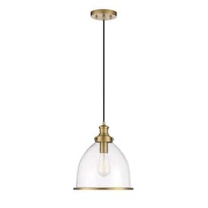 11 in. W x 12 in. H 1-Light Natural Brass Shaded Pendant Light with Clear Glass Dome Shade