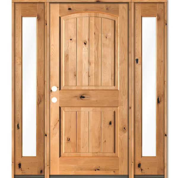 Krosswood Doors 70 in. x 80 in. Rustic Knotty Alder Arch clear stain Wood w.V-Groove Right Hand Single Prehung Front Door/Full Sidelites