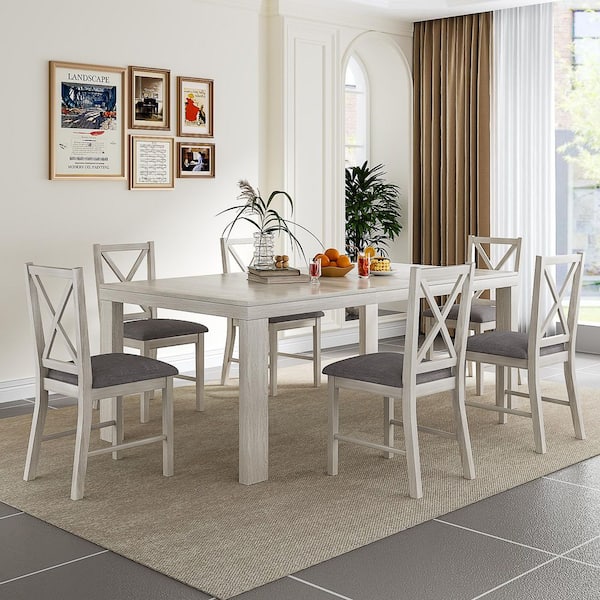 Modern Farmhouse Dining Table and Chairs Set, 7-Piece Extendable Table with Gray Wood Finish & Padded X-Back Seats for 6