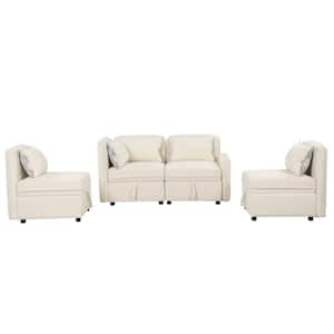 122.80 in. 4 Seater Chenille Sectional Sofa in. Cream with 5 Pillows