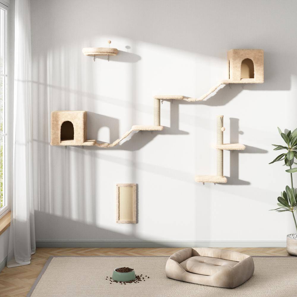 Beige Sisal Wall Mounted Cat Climber Set with Condos and Perches