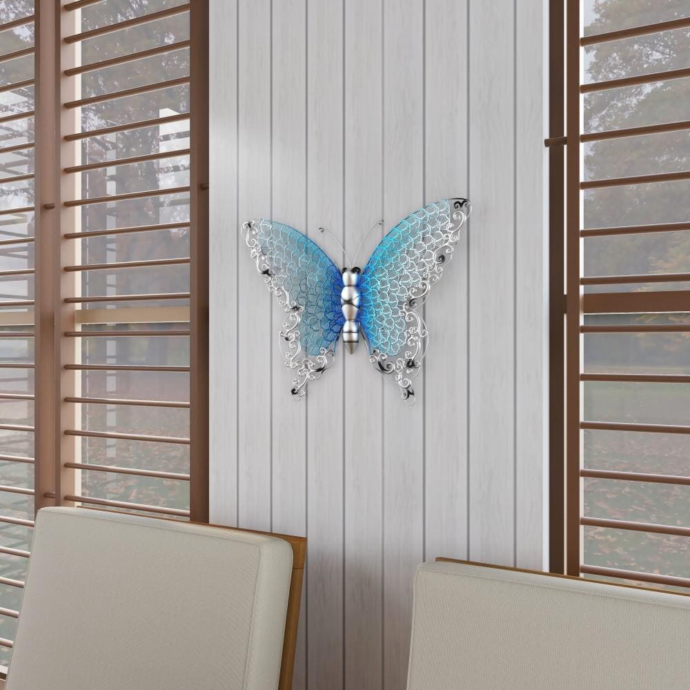 Silver and Blue Metal Butterfly Wall Sculpture