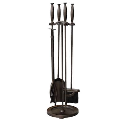 Bronze 5-Piece Fireplace Tool Set with Cylinder Handles and Heavy Weight Steel Construction