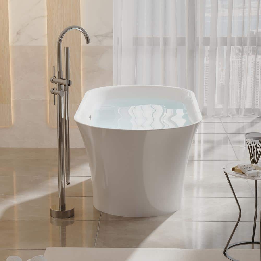 67-Inch Glossy White Acrylic Freestanding Soaking Bathtub with Chrome Drain
