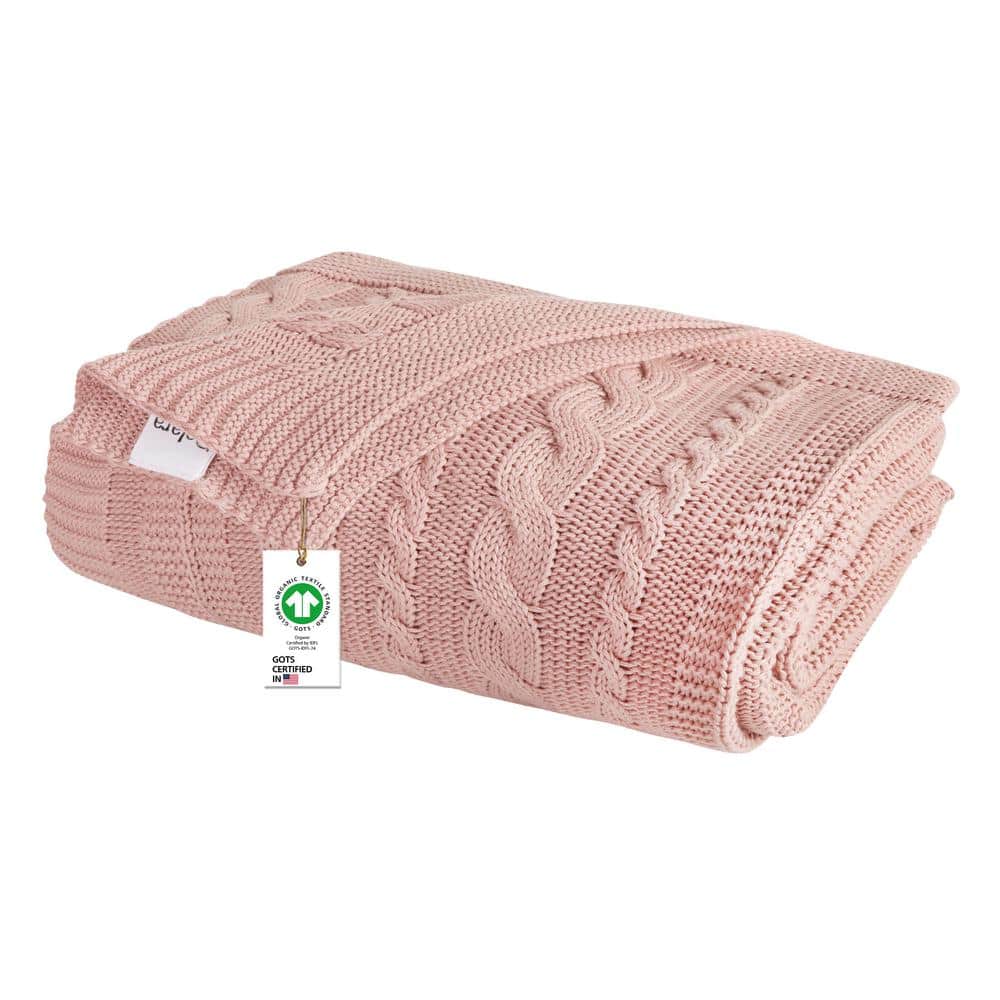 Delara GOTS Certified Organic Cotton Throw Blanket Cameo Pink 50 in. x 70 in. for Sofa Couch Bed, Cable Knitted Throw Blanket