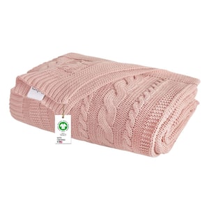 GOTS Certified Organic Cotton Throw Blanket Cameo Pink 50 in. x 70 in. for Sofa Couch Bed, Cable Knitted Throw Blanket