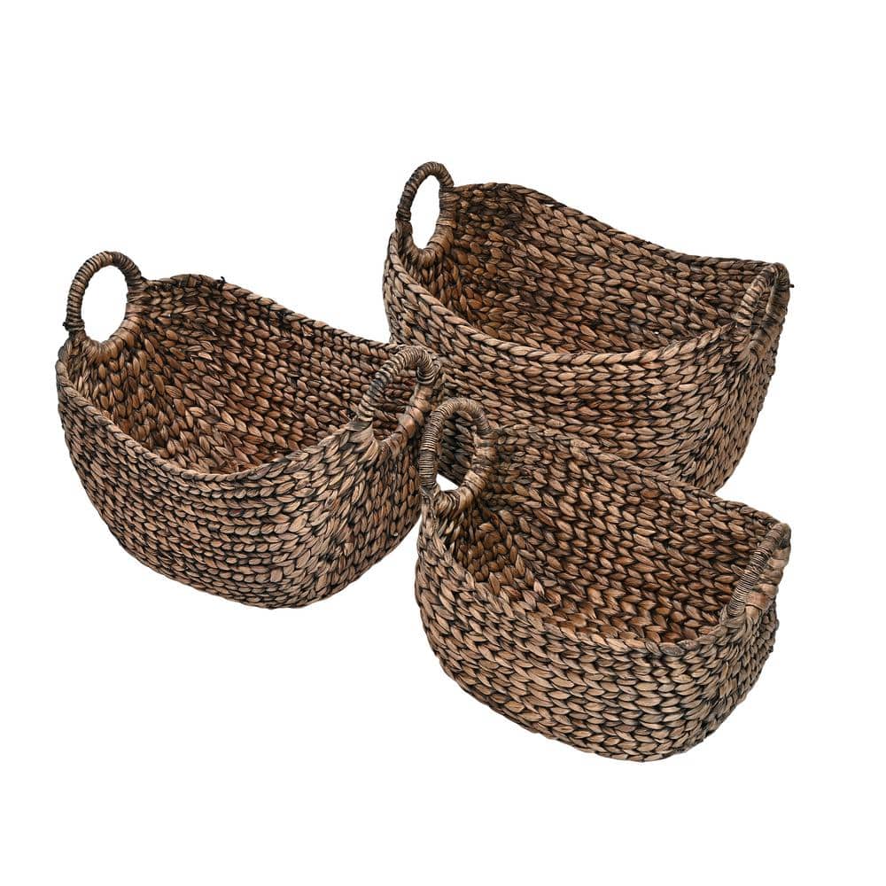 Nellie Brown Handwoven Hyacinth Boat Storage Baskets with Handles, Set of 3