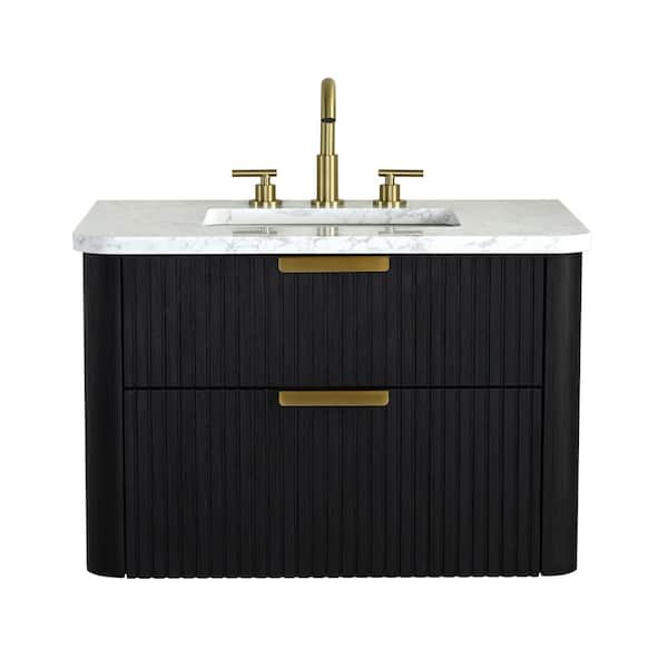 Warren 30 in W x 20 in D x 34 in H Floating Bath Vanity in Black Oak, Engineered Stone Top in Arabescato and White Sink