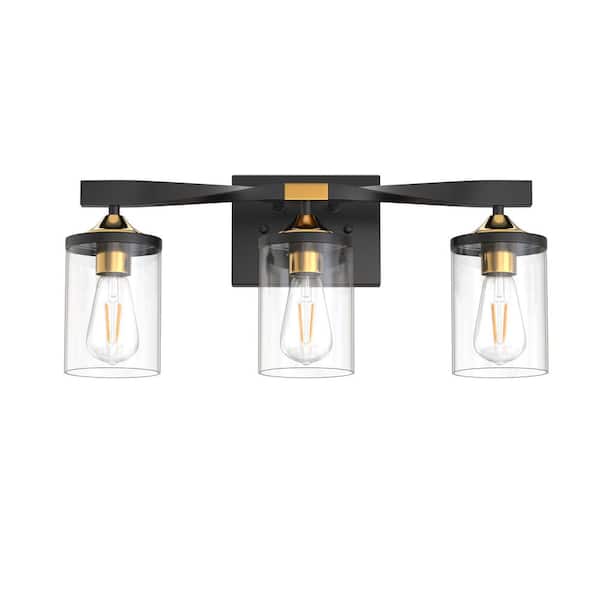 19.7 in. 3 Light Black and Gold Vanity Light with Straight Clear Glass Shades Industrial Wall for Bathroom E26 Base