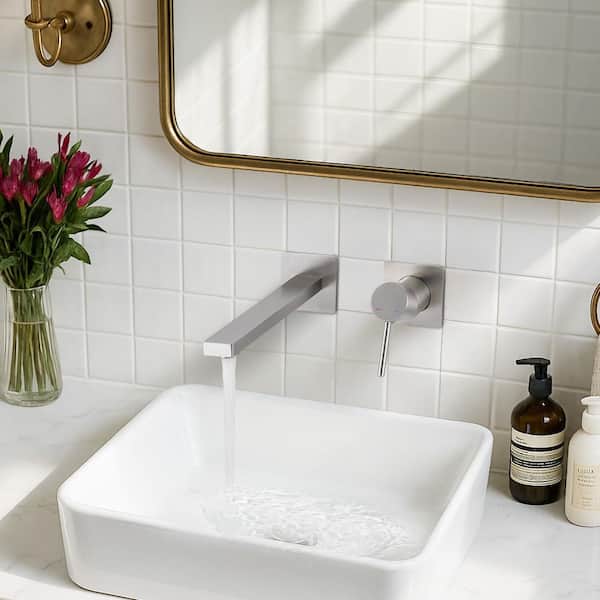 Solid Brass Single Handle Wall Mounted Faucet with Rough-In Valve in Brushed Nickel