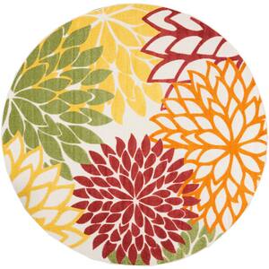 Aloha Red Multi Colored 8 ft. x 8 ft. Floral Contemporary Indoor/Outdoor Round Area Rug