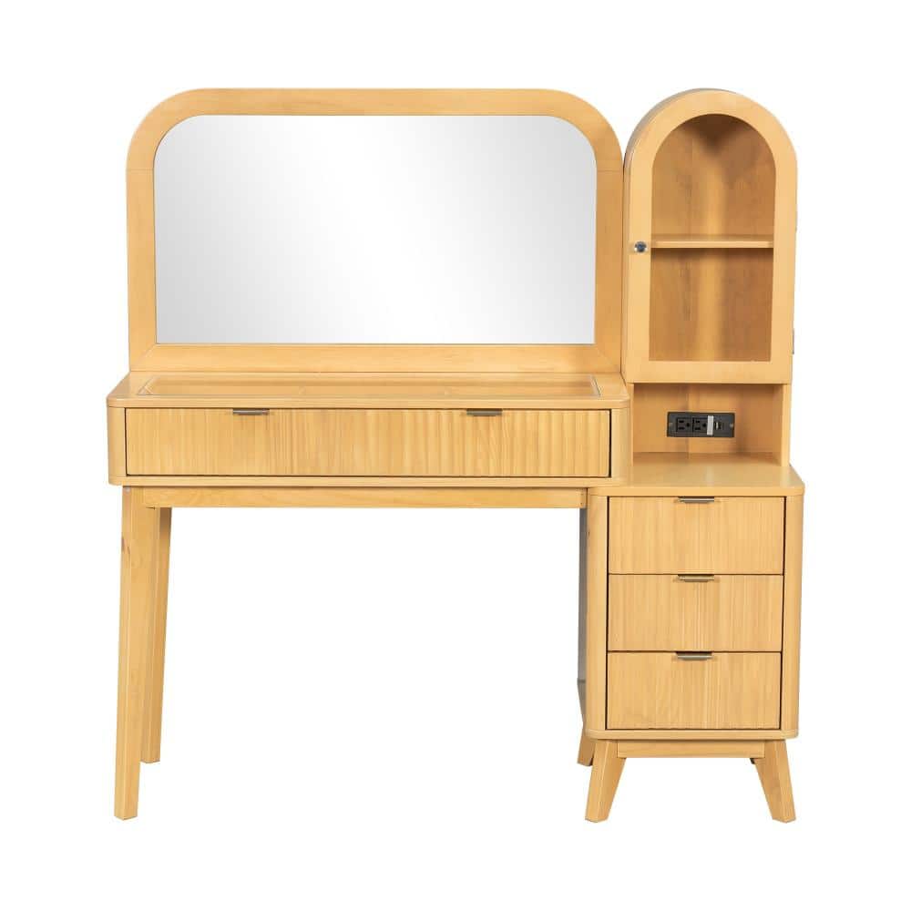 UOI 2-Piece Natural Fluted Makeup Vanity Desk with Large 32&quot