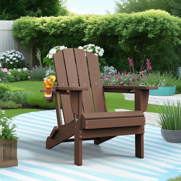 Classic Coffee Folding Plastic Adirondack Chairs with 2-Cup Holders-Weather Resistant Patio Outdoor Chair (Set of 1)