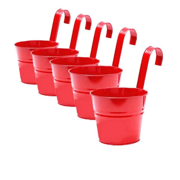Hanging Flower Pots for Outdoor Indoor Plants with Removable Hooks, 5-Pack Metal Buckets Hanging, Drainage Holes, Red