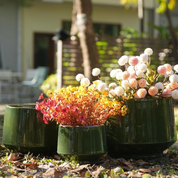 Set of 3 10.70 in. Antique Green Ceramic Flowerpot-Round Modern Planter with Drainage Hole, Frost & Weather Resistant