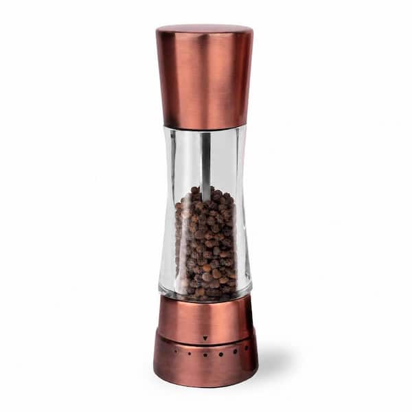 Copper Pepper Grinder with 6 Grind Levels, Refillable Acrylic Mill and Peppercorns
