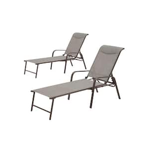 Mix and Match Steel Stackable Sling Outdoor Chaise Lounge in Riverbed Taupe with Headrest (2-Pack)