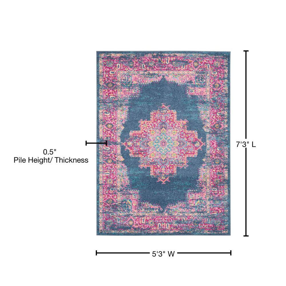 Traditional Floral Blue Synthetic 5' x 7' Easy-Care Area Rug