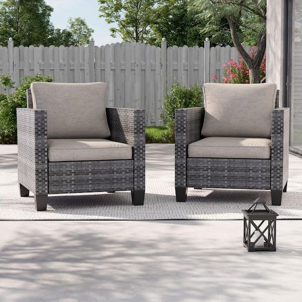 2-Pack Gray Wicker Patio Outdoor Single Sofa with Linen Flax Beige Cushion