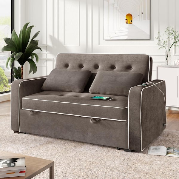 J E Home 65 7 In W Gray Linen Full Size Convertible 2 Seat Sleeper Sofa Bed Adjule Loveseat Couch With Dual Usb Ports Gd Wf284229aae The