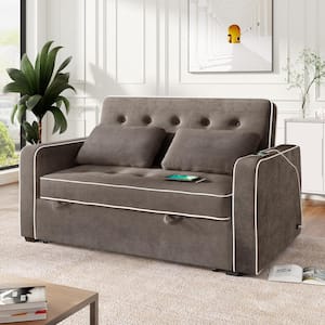 65.7 in. W Gray Linen Full Size Convertible 2-Seat Sleeper Sofa Bed Adjustable Loveseat Couch with Dual USB Ports