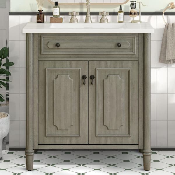 31 in. W Single Sink Freestanding Gray Bath Vanity with White Ceramic Top, Adjustable Shelf, Unassembled