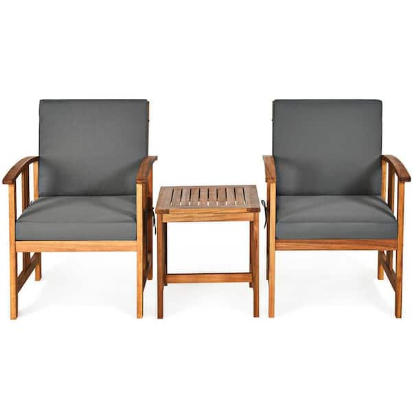 Unbranded 3-Piece Wood Out Bistro Set with Gray Cushion and Solid Wood Outdoor Patio Sofa Furniture Set