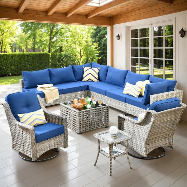 HOOOWOOO Holston 10-Piece Wicker Modern Outdoor Patio Conversation Sofa Sectional Set with Swivel Chairs and Navy Blue Cushions