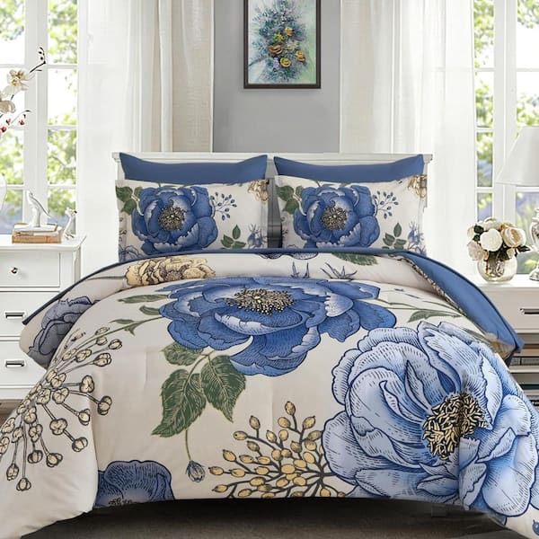Floral All Seasons 7 Pieces Polyester Bed in a Bag King Size Bedding Sets, Khaki