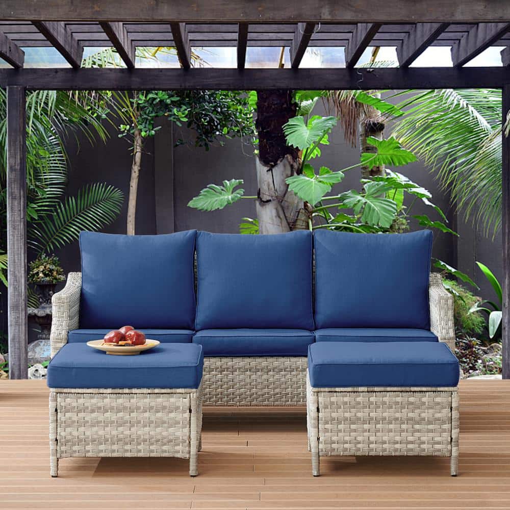 Gymojoy Canton Gray 3Piece Wicker Patio Conversation Set with Blue