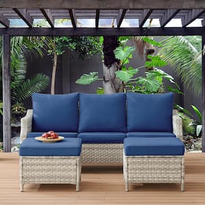 Canton Gray 3-Piece Wicker Patio Conversation Set with Blue Cushions