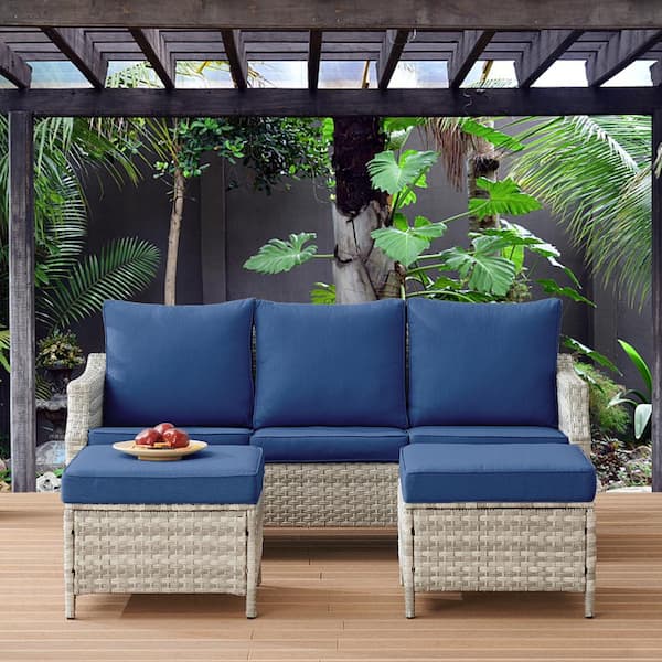 Gymojoy Canton Gray 3-Piece Wicker Patio Conversation Set with Blue Cushions