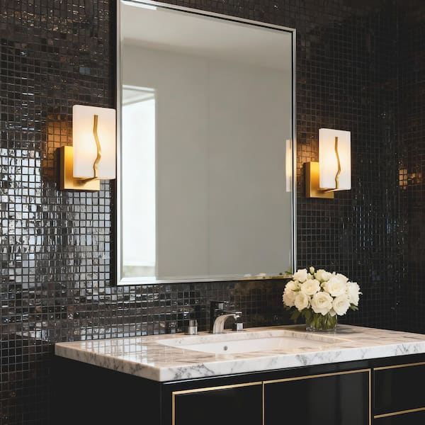 1-Light Modern Transitional Plating Brass Wall Sconce with Alabaster-Like Resin Shade for Bathroom, Home Office, Bedroom