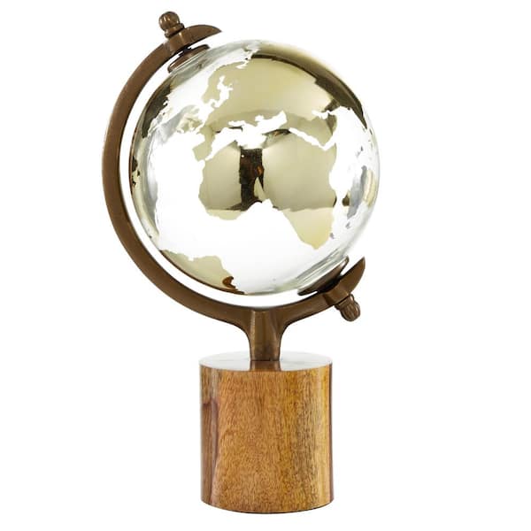 Litton Lane 15 in. Gold Wood Decorative Globe with Brown Base ...